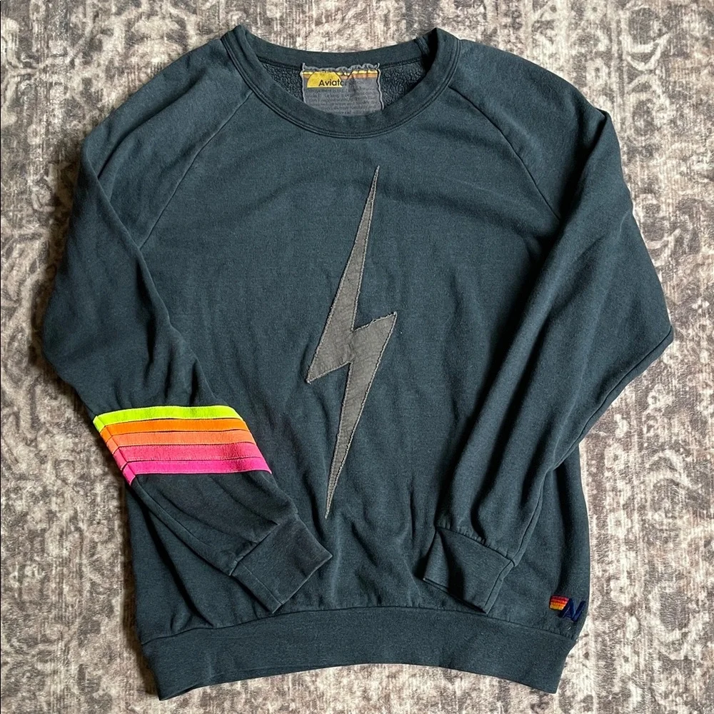 Aviator Nation Black Crewneck with Neon Rainbow Sleeve Stripes - Picture 1 of 6